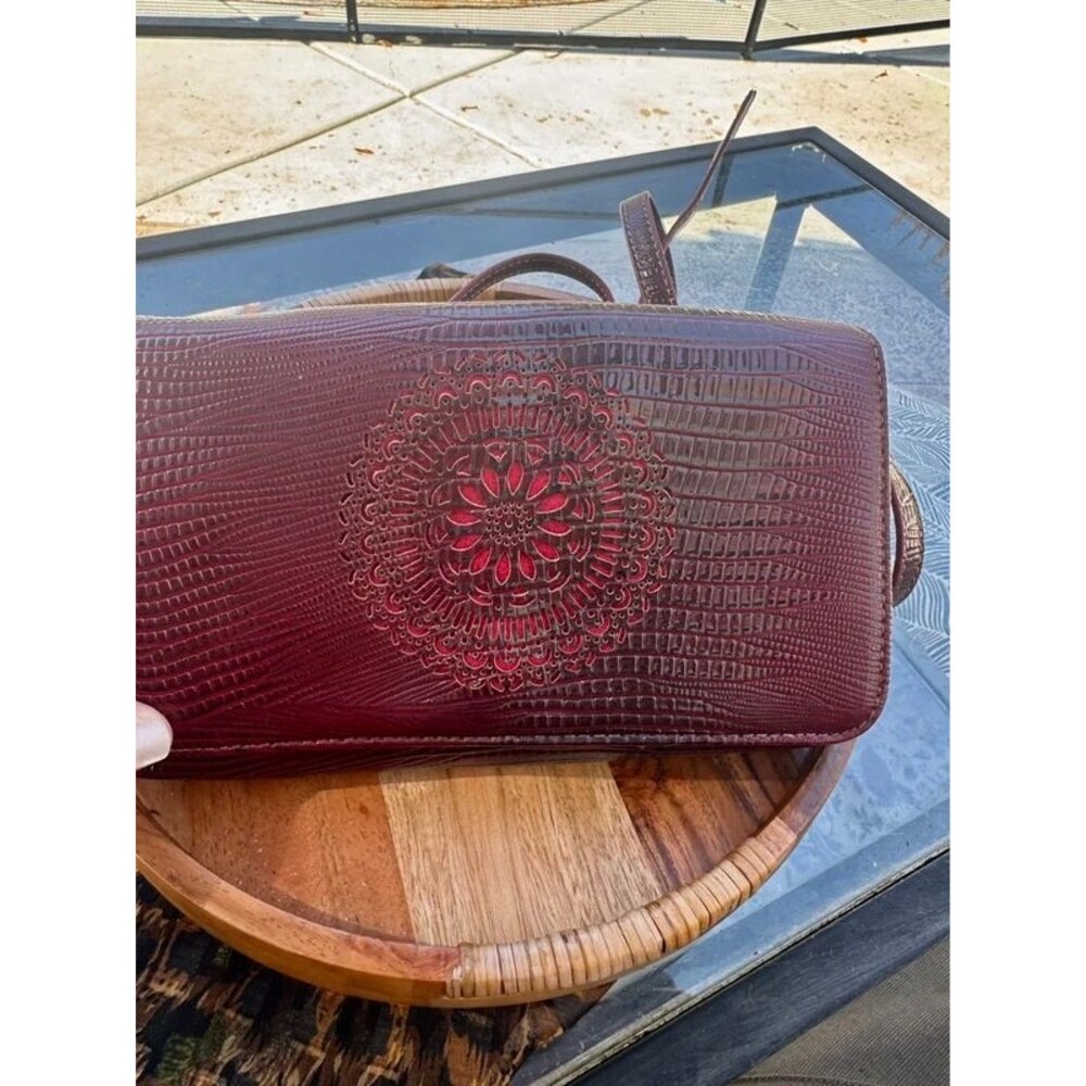 BUCO Burgundy Embossed Crossbody Purse Wine Red Faux Lizard Flap Organizer Bag